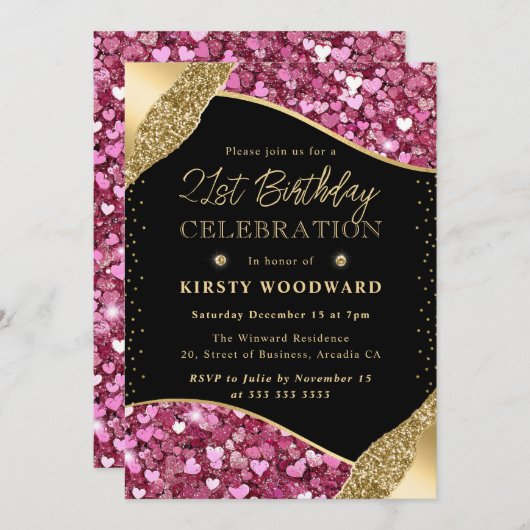 Roze en gouden glitter harten 21ste verjaardag kaart (Voorkant / Achterkant)