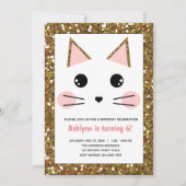 Roze en Gouden Glitter Kitty Kat Verjaardag Kaart (Voorkant)