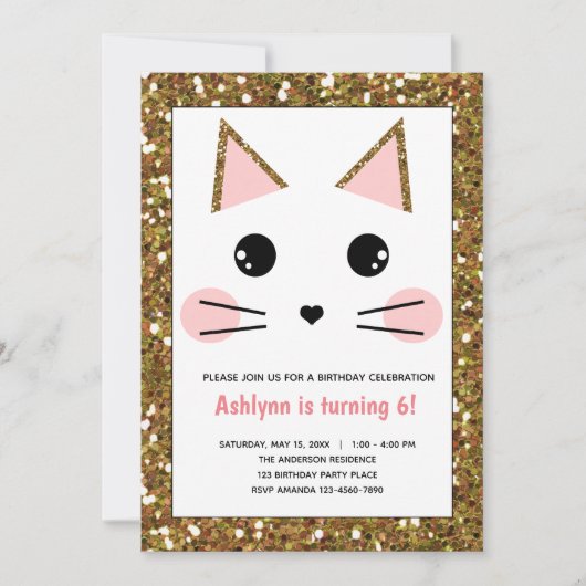 Roze en Gouden Glitter Kitty Kat Verjaardag Kaart (Voorkant)