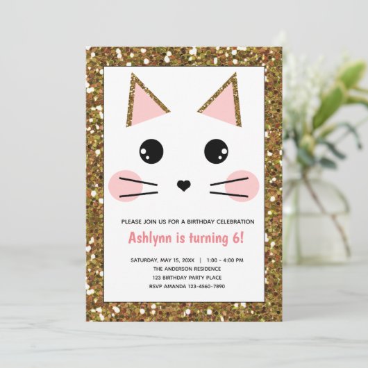 Roze en Gouden Glitter Kitty Kat Verjaardag Kaart (Staand voorkant)