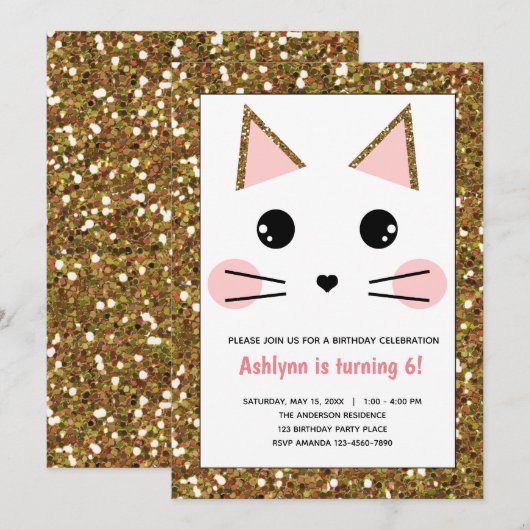 Roze en Gouden Glitter Kitty Kat Verjaardag Kaart (Voorkant / Achterkant)