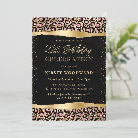 Roze en Gouden Glitter Leopard Spots 21e Verjaarda Kaart (Staand voorkant)