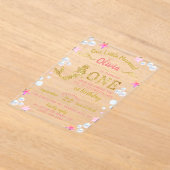 Roze en gouden glitter Mermaid 1e verjaardag Acryl Uitnodigingen (Laagn)