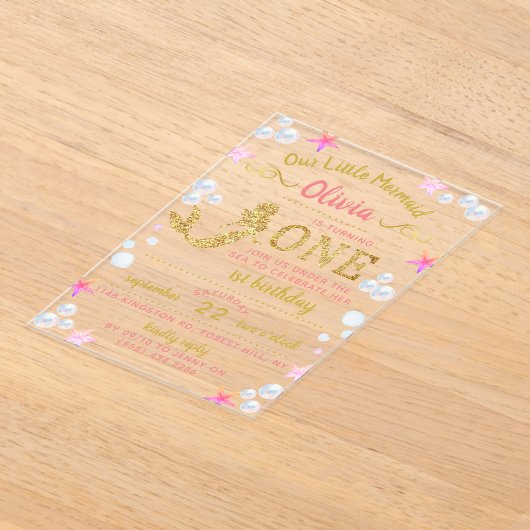 Roze en gouden glitter Mermaid 1e verjaardag Acryl Uitnodigingen (Laagn)