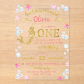 Roze en gouden glitter Mermaid 1e verjaardag Acryl Uitnodigingen (Voorkant)
