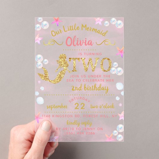 Roze en gouden glitter Mermaid 2e verjaardag Acryl Uitnodigingen (Insitu (Draagbaar))