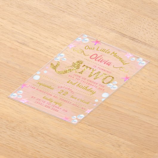 Roze en gouden glitter Mermaid 2e verjaardag Acryl Uitnodigingen (Laagn)