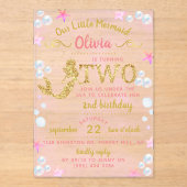 Roze en gouden glitter Mermaid 2e verjaardag Acryl Uitnodigingen (Voorkant)