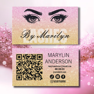 Roze en Gouden Glitter Ombre Lash QR Code Scannabl Visitekaartje