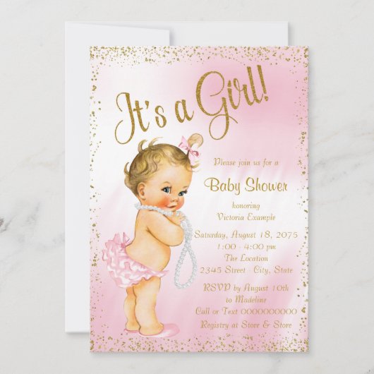 Roze en Gouden Glitter Pearl Baby shower Kaart (Voorkant)