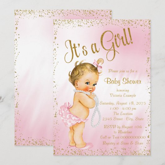 Roze en Gouden Glitter Pearl Baby shower Kaart (Voorkant / Achterkant)