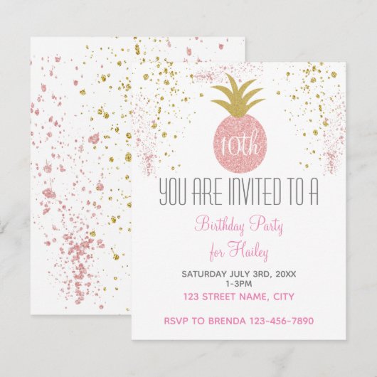 Roze en Gouden Glitter Pineapple Party Kaart (Voorkant / Achterkant)