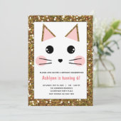 Roze en Gouden Glitter Poes Kat Verjaardag Kaart (Staand voorkant)
