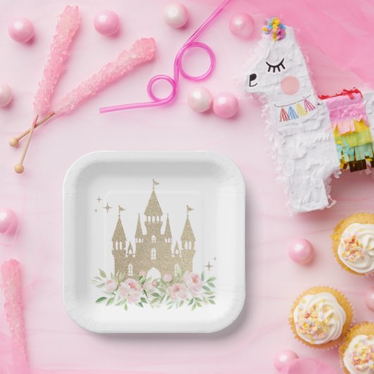 Roze en Gouden Glitter Prinses Verjaardag Papieren Bordje (Feest)