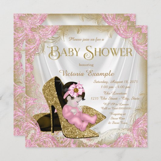 Roze en gouden Glitter Schoen Parel Baby shower Kaart (Voorkant / Achterkant)