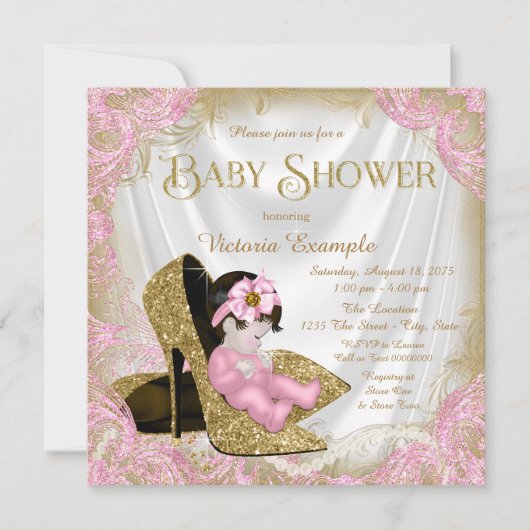 Roze en gouden Glitter Schoen Parel Baby shower Kaart (Voorkant)