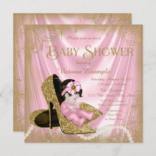 Roze en gouden Glitter Schoen Parel Baby shower Kaart (Voorkant / Achterkant)