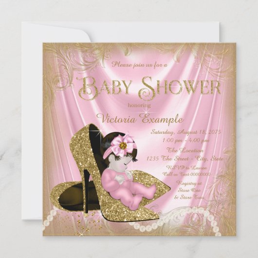 Roze en gouden Glitter Schoen Parel Baby shower Kaart (Voorkant)