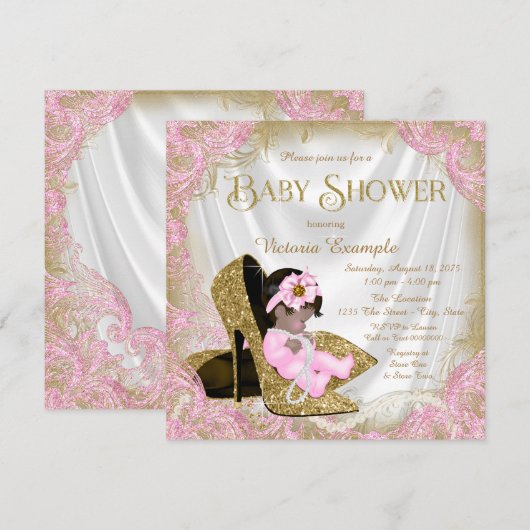 Roze en gouden Glitter Schoen Parel Baby shower Kaart (Voorkant / Achterkant)