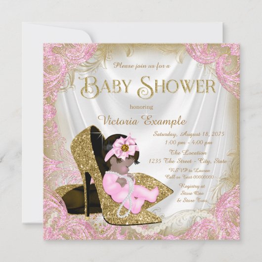 Roze en gouden Glitter Schoen Parel Baby shower Kaart (Voorkant)