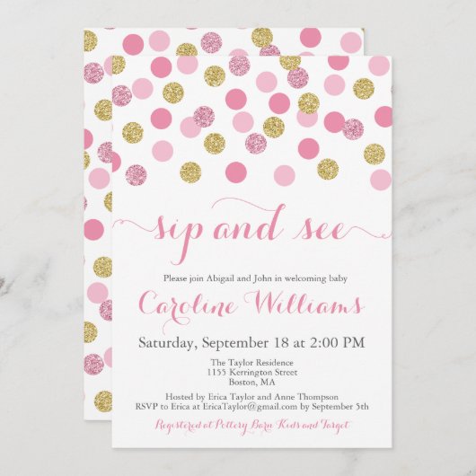 Roze en gouden Glitter Sip en zie uitnodigingen (Voorkant / Achterkant)
