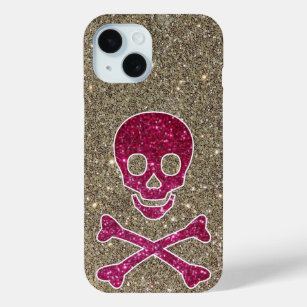 Roze en gouden Glitter Skull Schattige Rebel iPhone 15 Case