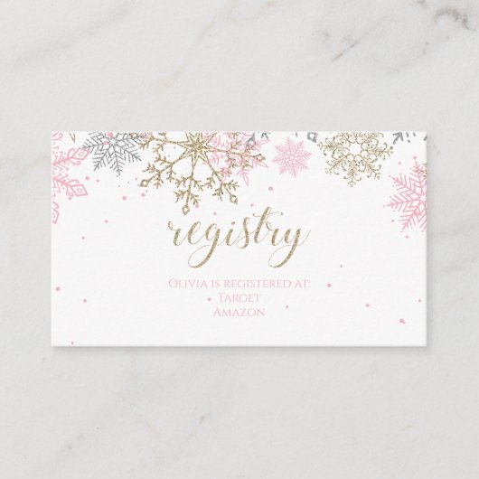 Roze en Gouden Glitter Sneeuwvlok Baby Registry Informatiekaartje (Voorkant)