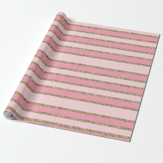 Roze en gouden Glitter Stripes Cadeaupapier (Uitgerold)