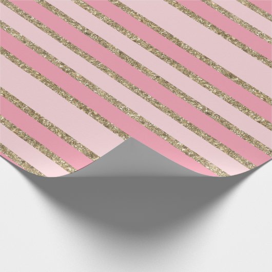 Roze en gouden Glitter Stripes Cadeaupapier (Hoek)