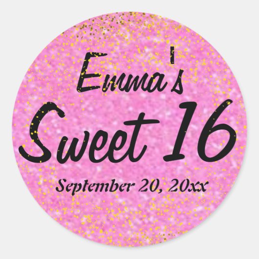 Roze en Gouden Glitter Sweet 16 Gepersonaliseerd Ronde Sticker (Voorkant)