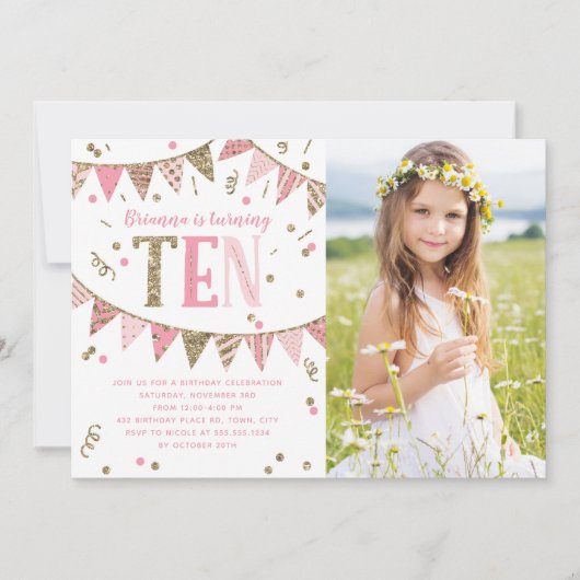 Roze en Gouden Glitter Tiende Verjaardagsfeestfoto Kaart (Voorkant)