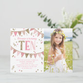 Roze en Gouden Glitter Tiende Verjaardagsfeestfoto Kaart (Staand voorkant)