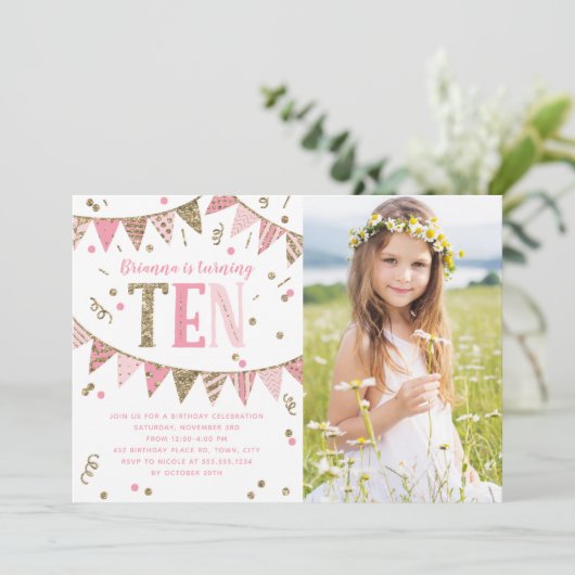 Roze en Gouden Glitter Tiende Verjaardagsfeestfoto Kaart (Staand voorkant)