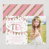 Roze en Gouden Glitter Tiende Verjaardagsfeestfoto Kaart (Voorkant / Achterkant)