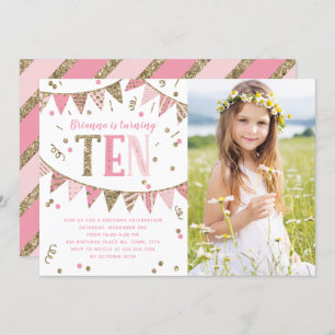 Roze en Gouden Glitter Tiende Verjaardagsfeestfoto Kaart
