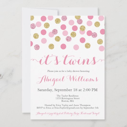 Roze en Gouden Glitter Twins Baby shower Invitatio Kaart (Voorkant)