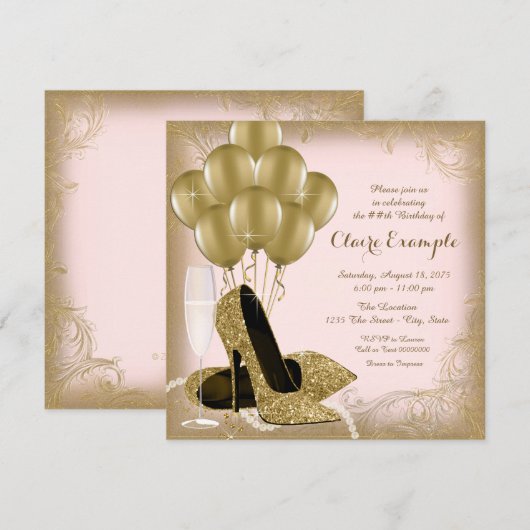 Roze en Gouden Glitter Vrouwen Verjaardagsfeest Kaart (Voorkant / Achterkant)