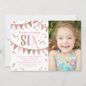Roze en Gouden Glitter Zesde Verjaardagsfeestfoto Kaart (Voorkant)