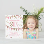Roze en Gouden Glitter Zesde Verjaardagsfeestfoto Kaart (Staand voorkant)