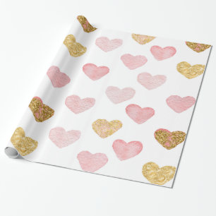 Roze en gouden glitterharten cadeaupapier