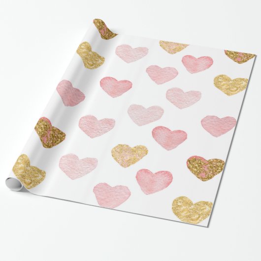 Roze en gouden glitterharten cadeaupapier (Uitgerold)