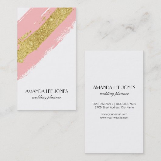 Roze en gouden glitterpenseelstreken visitekaartje (Voorkant / Achterkant)