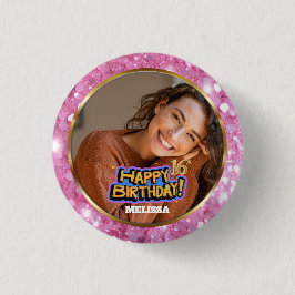 Roze en gouden glitters foto naam 16e verjaardag ronde button 3,2 cm