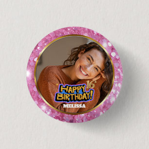 Roze en gouden glitters foto naam 16e verjaardag ronde button 3,2 cm
