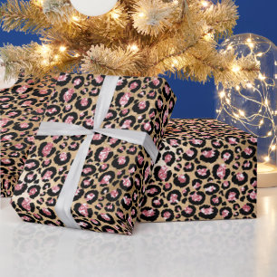 Roze en gouden glitters glam luipaardvlekkenpatroo cadeaupapier