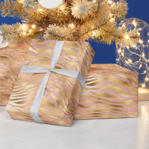 Roze en gouden glitters glam tijgerstrepen patroon cadeaupapier