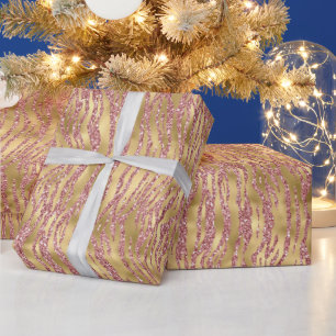 Roze en gouden glitters glam tijgerstrepenpatroon cadeaupapier
