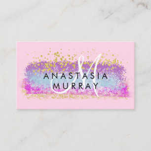 Roze en gouden glitters kleurrijke witte monogram visitekaartje
