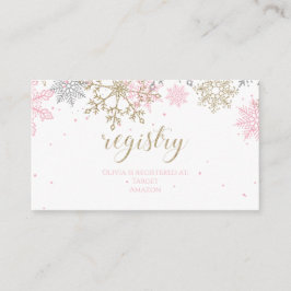 Roze en gouden glittersneeuwvlok babyregister informatiekaartje