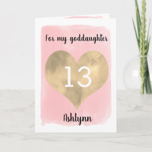 Roze en Gouden Hart 13e Verjaardag Goddochter Kaart